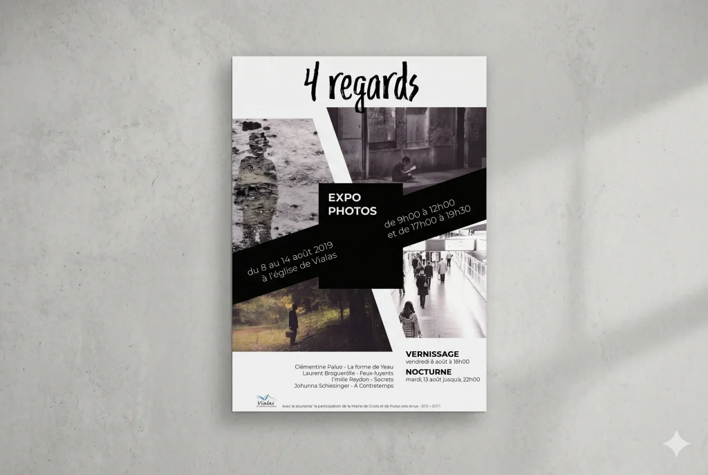 Affiche réalisée pour l’exposition photos « 4 Regards » en Lozère réalisée par Julie Mercey, graphiste freelance