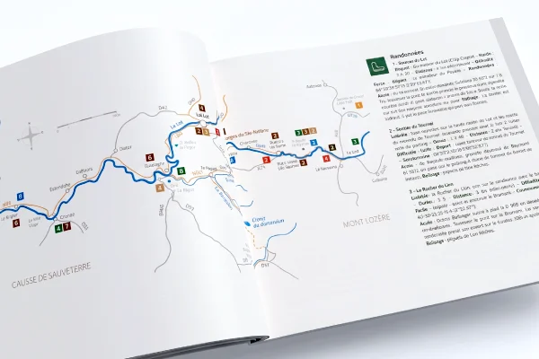 Cartographie illustrée pour le livre-guide de Mathieu Mercier, par Julie Mercey, graphiste freelance, Lozère - Infographies, design de données, visuels synthétiques, plans, schémas, cartes touristiques, frises.