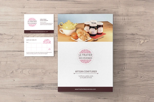Identité visuelle du Fruitier des Cévennes - Lozère - Julie Mercey - Graphiste freelance - Spécialisée en communication - Aveyron, Gard, Lozère, Hérault, Ardèche, Haute-Loire, Cantal - Logo, charte graphique, carte de visite, papeterie, affiche, flyer, dépliants, brochure, libre, livre blanc, magazines, journal, bulletin, infographie, schéma, plan, carte touristique, totem, kakemono, roll-up, stand, bâche, sticker, flocage magnet, présentation ppt, carrousel, newsletters, webdesign, emballage, packaging, étiquette, plv, chevalet, stop, trottoir